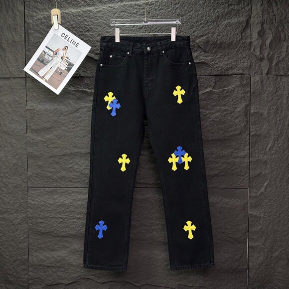 Chrome Hearts Blue And Yellow Sanskrit Cross Patch Washed Jeans - Picture 1 of 12